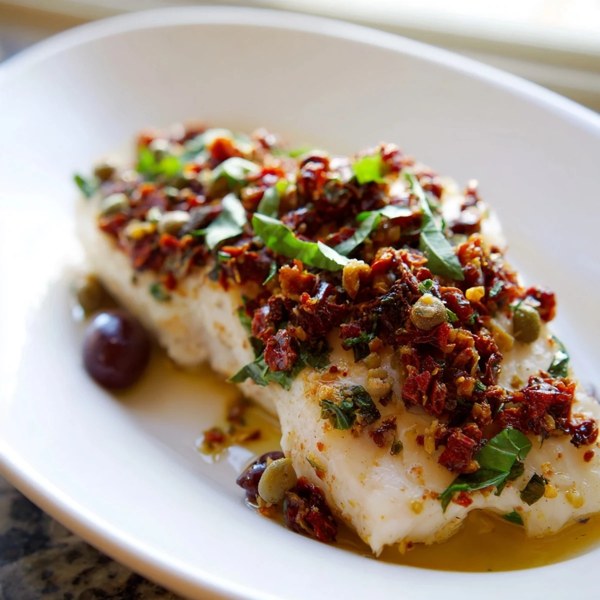 Golden baked mahi mahi fillets topped with vibrant sun-dried tomato and fresh basil Mediterranean mixture