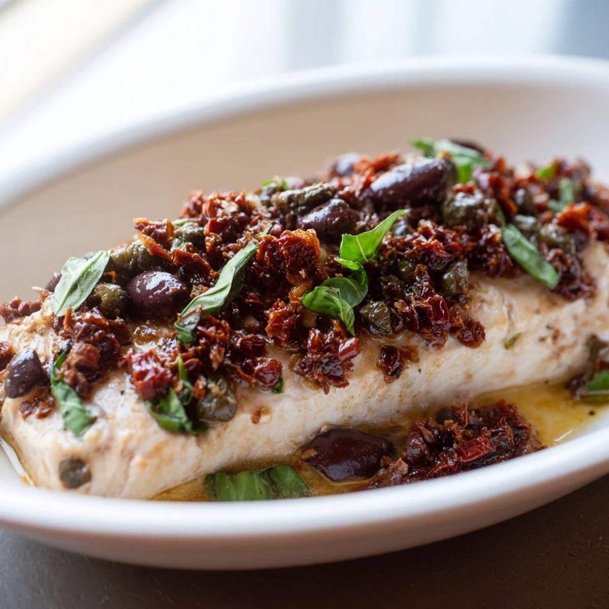 Oven-baked mahi mahi featuring chunky sun-dried tomato and basil medley with tender flaky texture