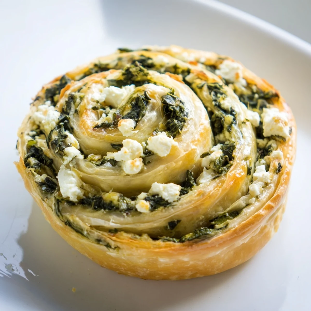 Flaky gluten free spinach and feta pinwheels arranged on a wooden board ready for serving