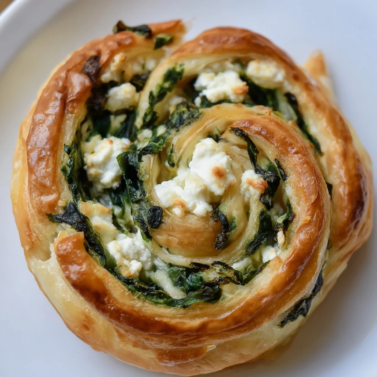 Savory gluten free spinach and feta pinwheels with golden layers displayed on a rustic platter