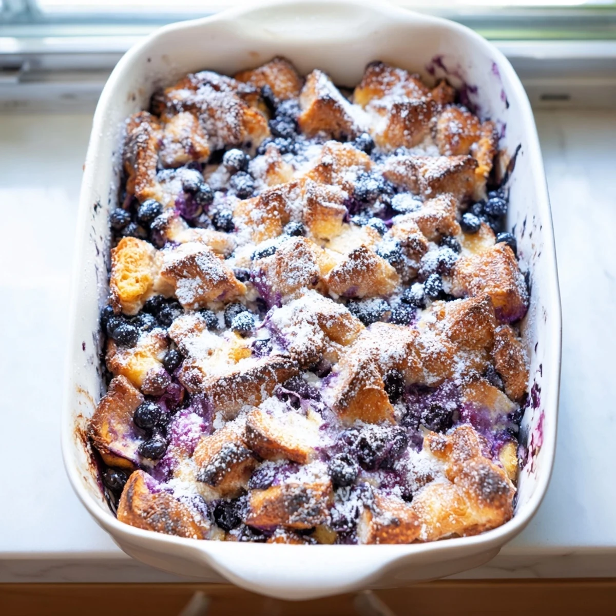 Golden blueberry cream cheese croissant casserole with bubbling fruit and custard-soaked pastry layers