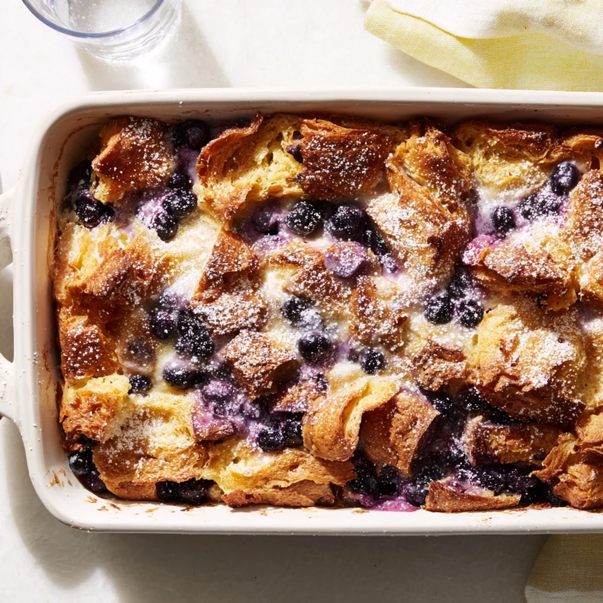 Serving spoon cutting through baked blueberry cream cheese croissant casserole dusted with powdered sugar