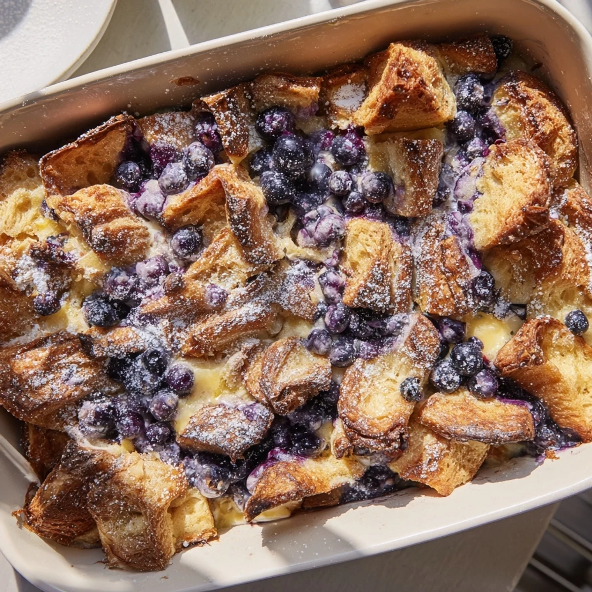 Fresh blueberry cream cheese croissant casserole breakfast bake with golden brown crispy top edges