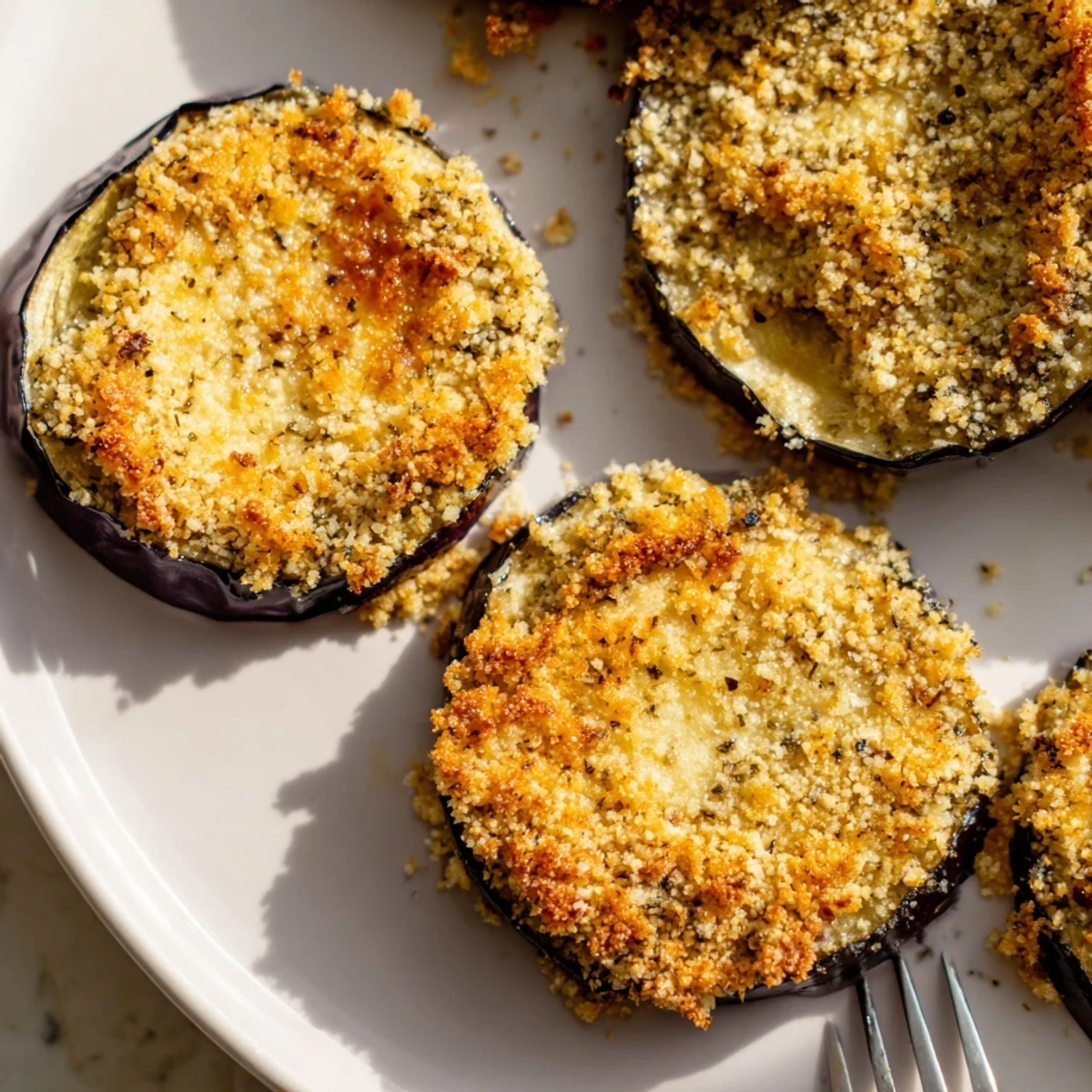 Crispy Baked Eggplant slices golden brown, crunchy edges, served with marinara  