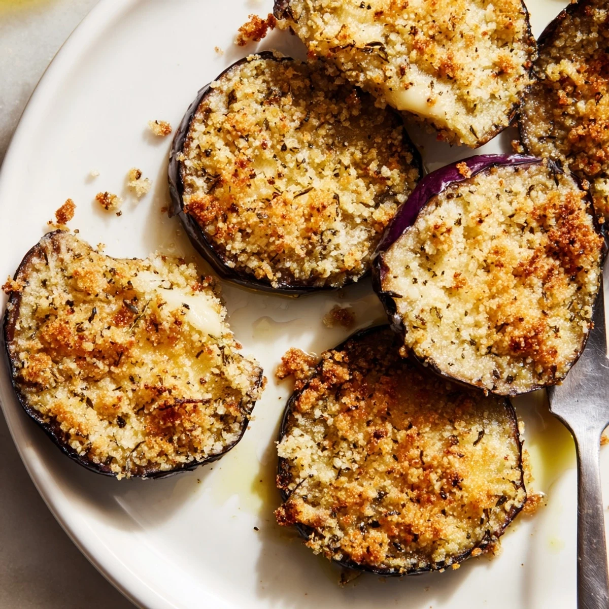 Golden Crispy Baked Eggplant on parchment, glistening olive oil and Parmesan  