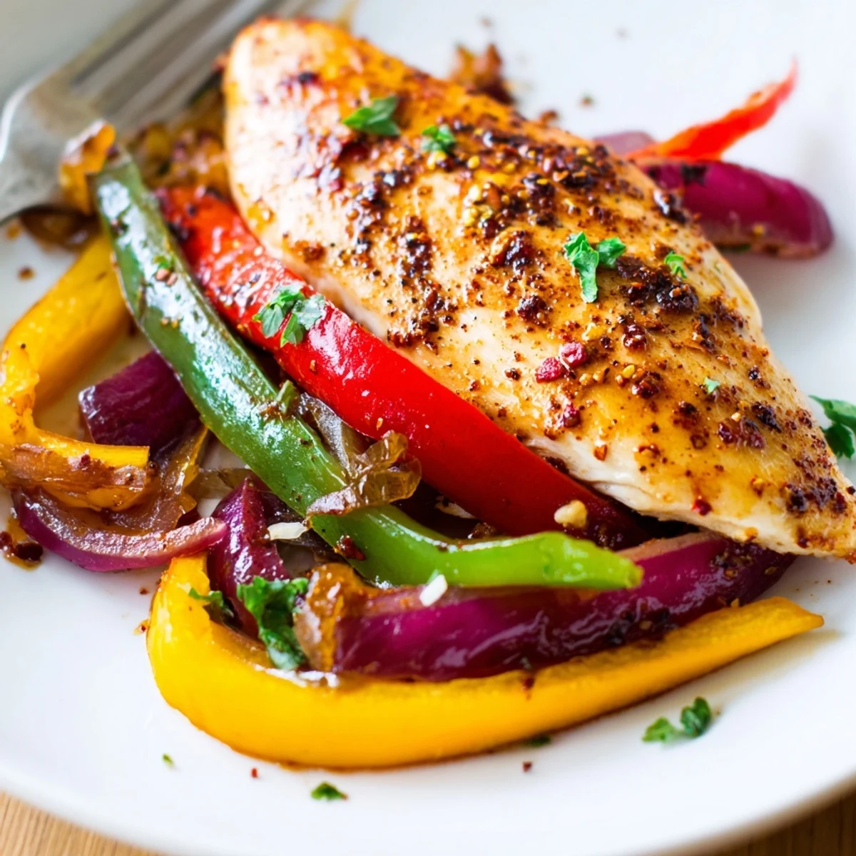 One Pan Chicken And Peppers sizzling with golden seared chicken and caramelized peppers