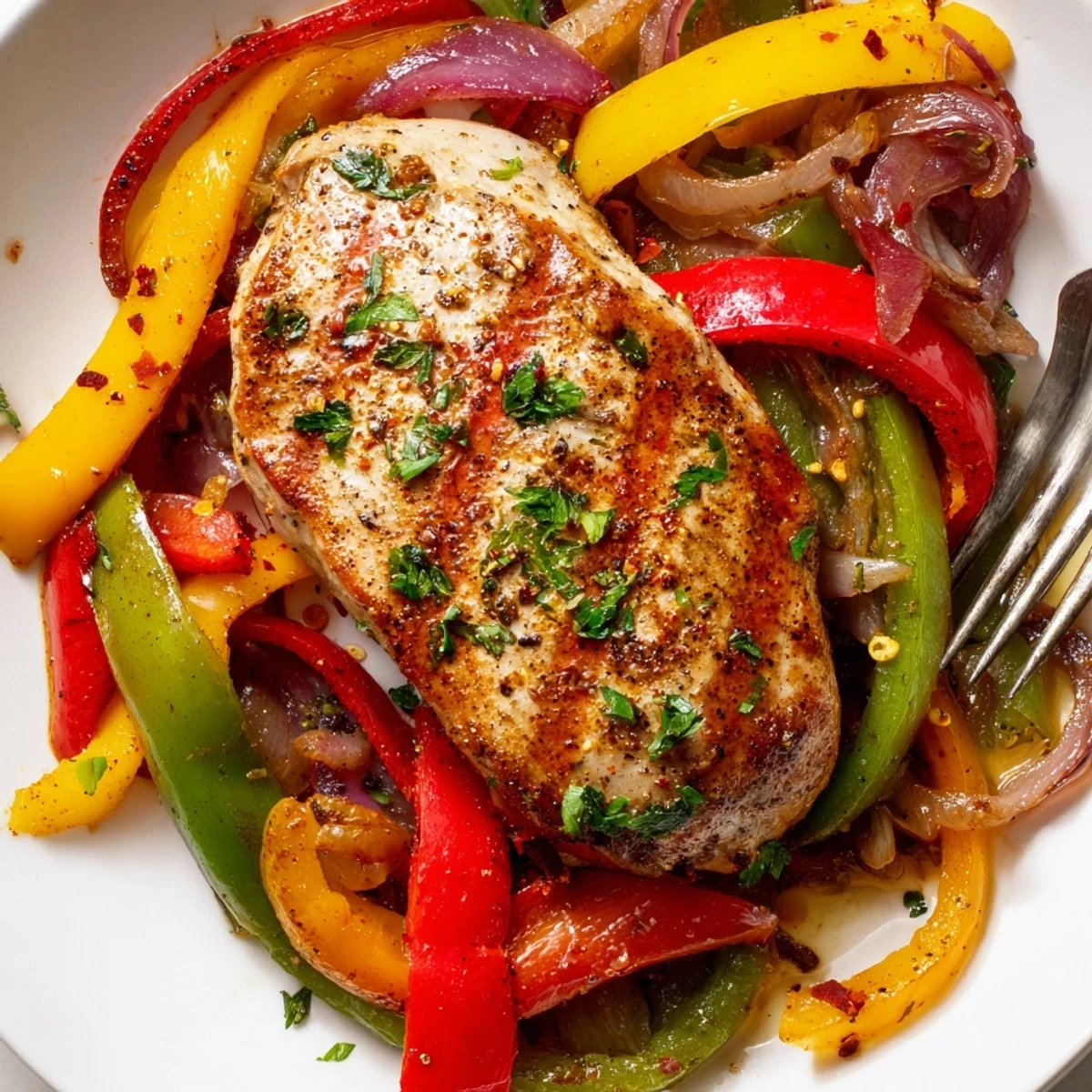 Roasted One Pan Chicken And Peppers nestled on skillet, fragrant garlic and paprika