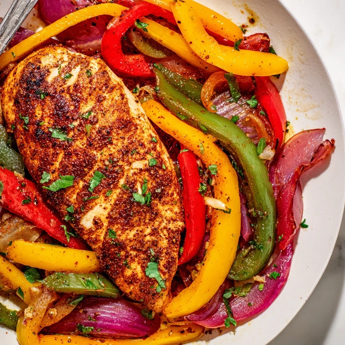 Family-style One Pan Chicken And Peppers served hot over rice, bright parsley garnish