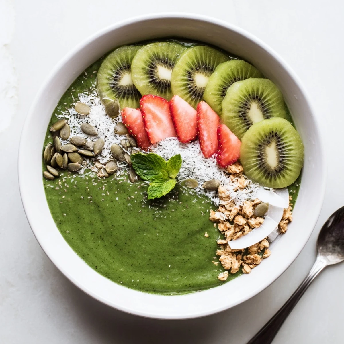 Green Smoothie Bowls topped with kiwi, strawberries, granola—creamy, chilled breakfast energy