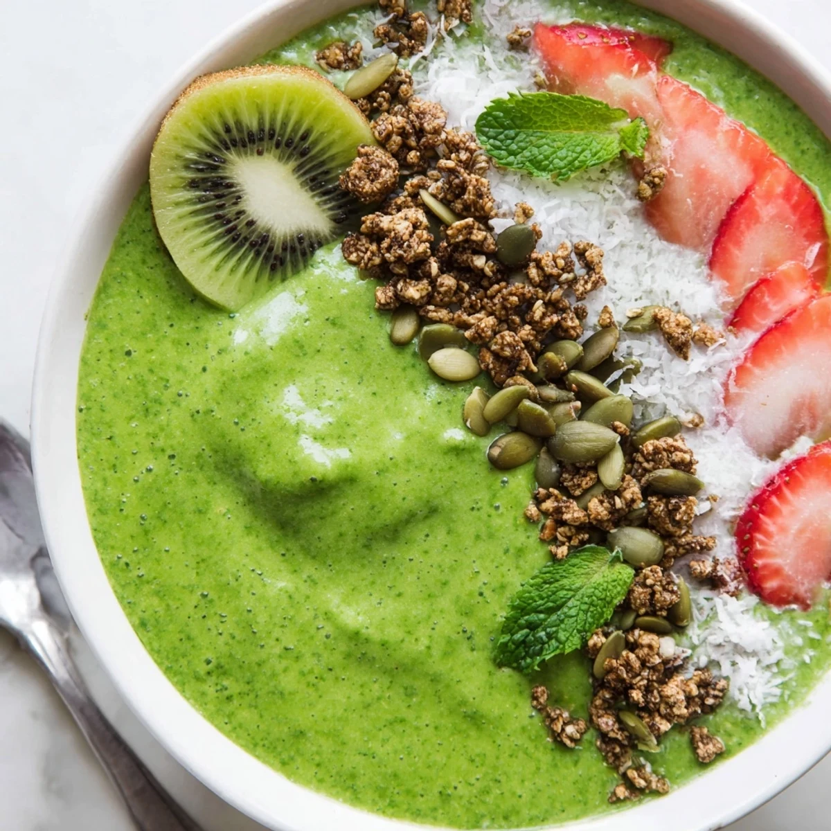 Creamy Green Smoothie Bowls blended with spinach and mango, garnished with mint