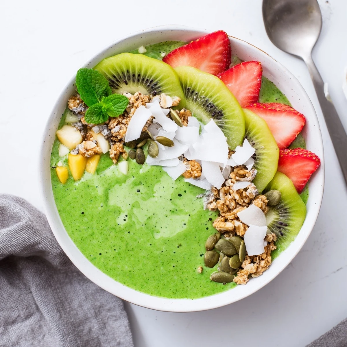 Quick Green Smoothie Bowls served immediately with spoon, crunchy pumpkin seeds, coconut