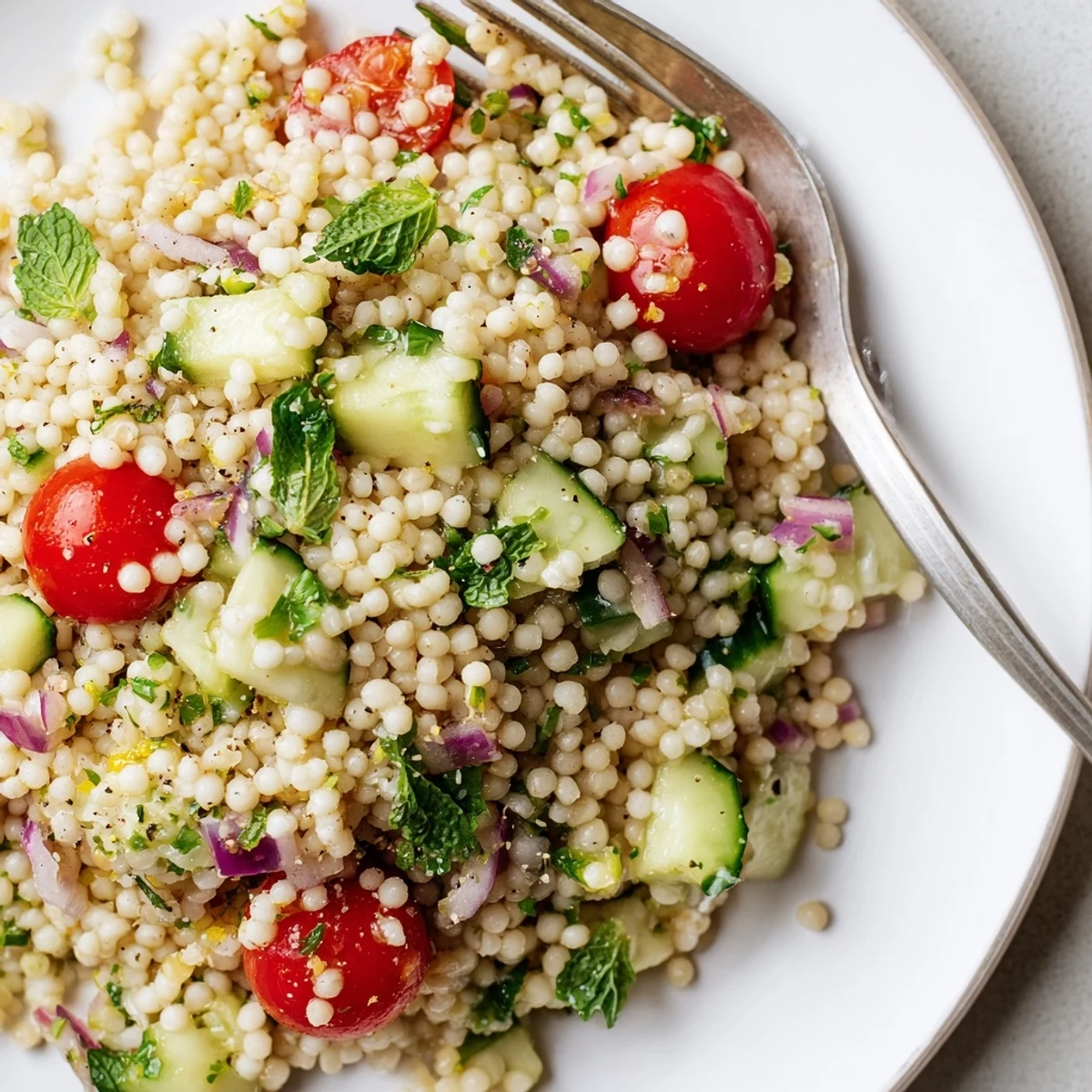 Cucumber Lemon Couscous Salad with fluffy grains, crisp cucumber, bright lemony dressing