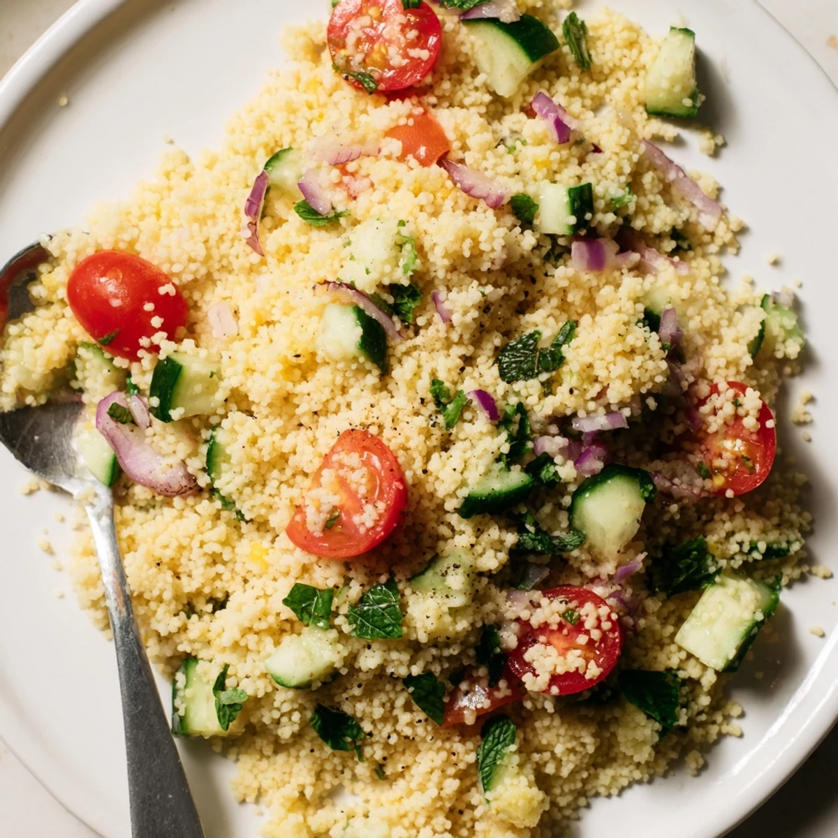 Bright Cucumber Lemon Couscous Salad served chilled, herb-flecked, zesty and refreshing