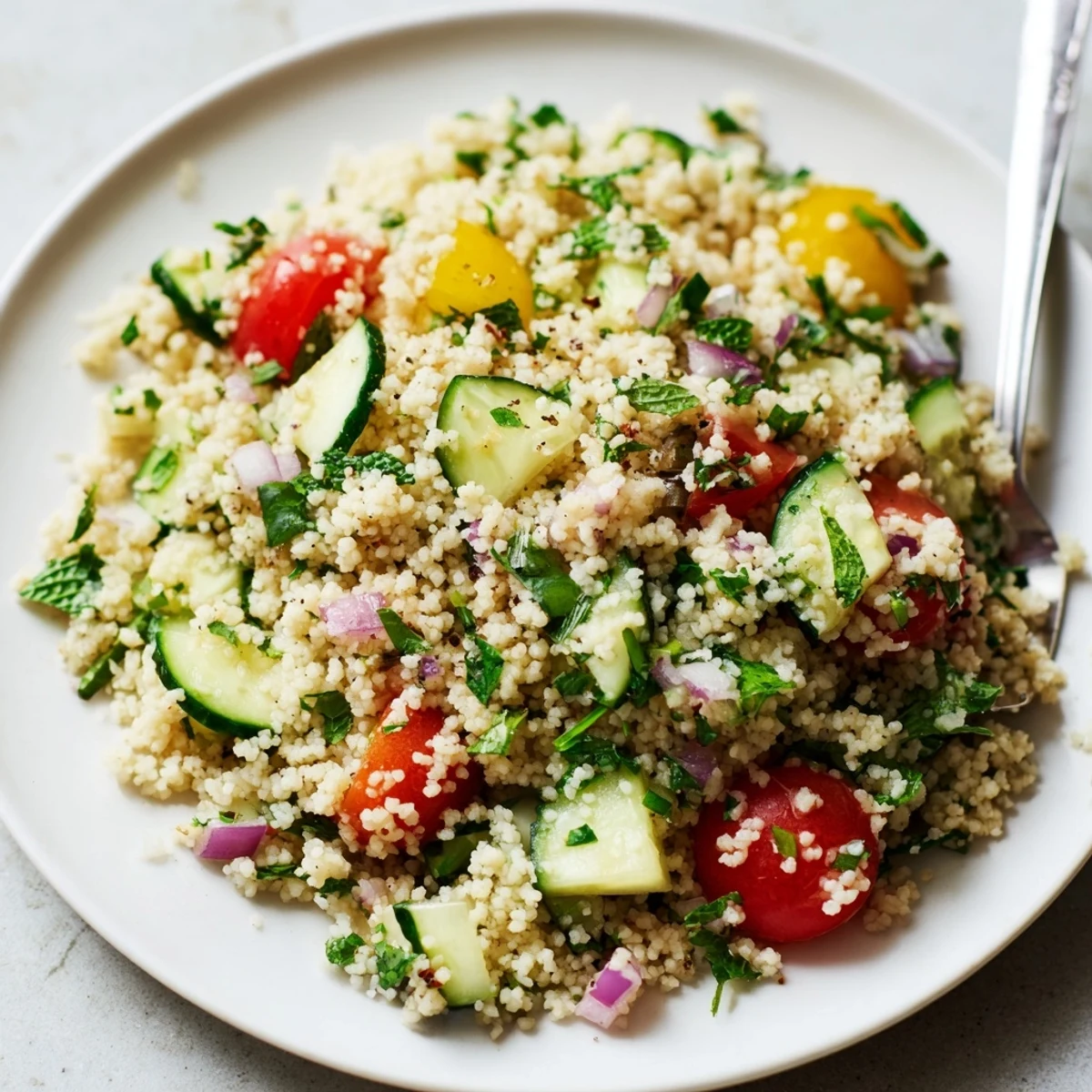 Cucumber Lemon Couscous Salad tossed with mint, parsley, juicy tomatoes, light citrus aroma