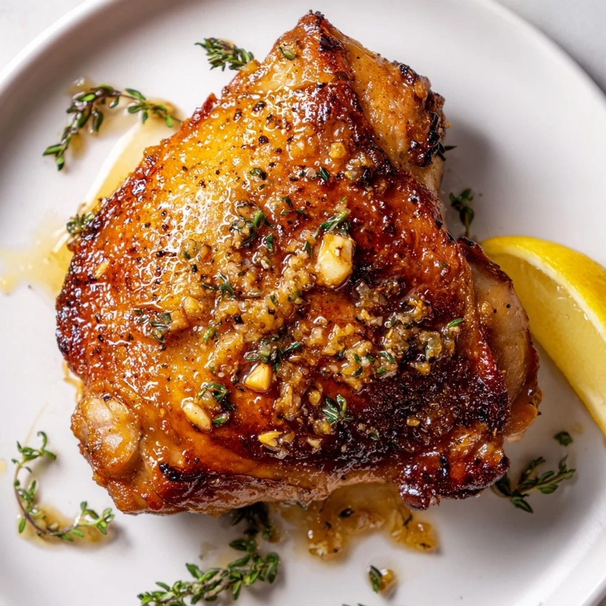 Lemon Pepper Chicken Thighs roasted to golden crisp, garnished with lemon wedges  
