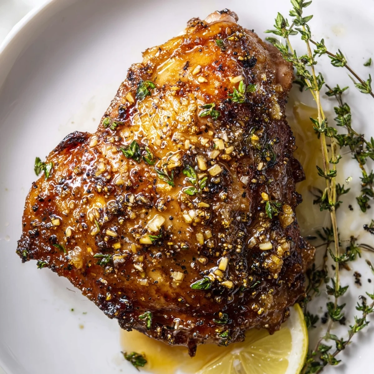 Skin on Lemon Pepper Chicken Thighs plated with parsley and roasted potatoes