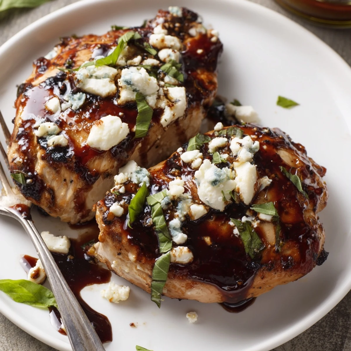 Sweet Tangy Balsamic Chicken with Goat Cheese & Basil glazed, juicy, oven-roasted