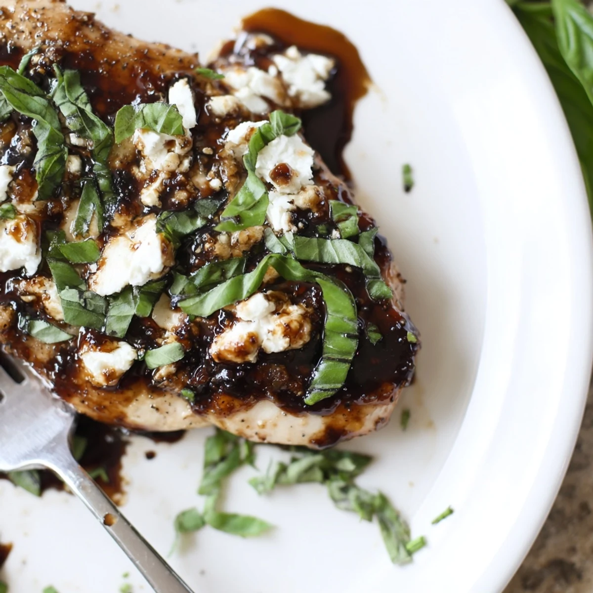 Plated Sweet Tangy Balsamic Chicken with Goat Cheese & Basil, herb-sprinkled and creamy