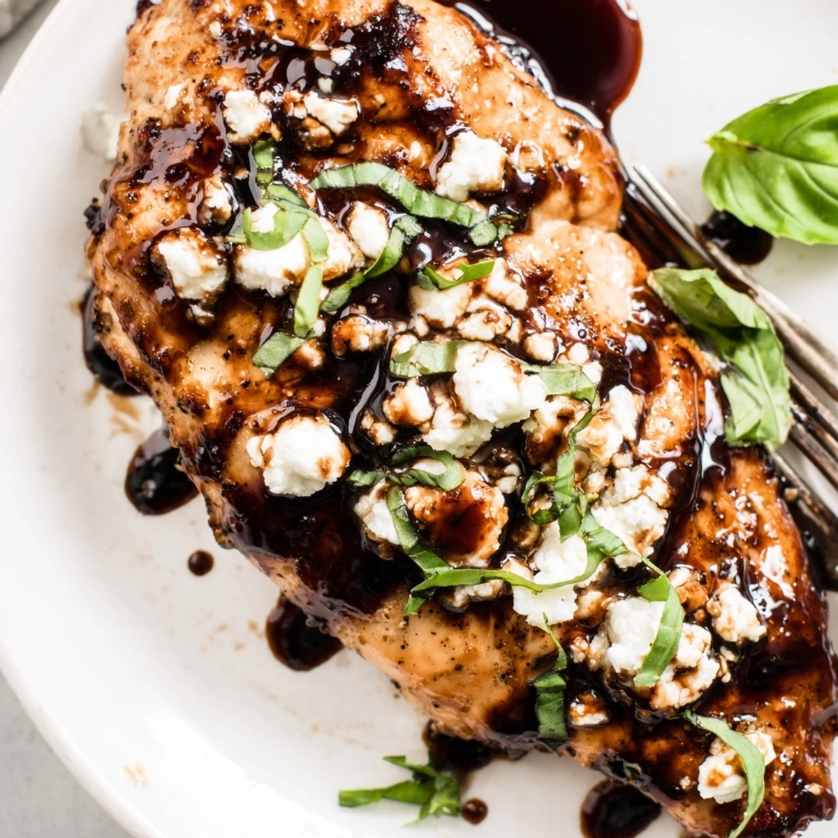 Weeknight Sweet Tangy Balsamic Chicken with Goat Cheese & Basil, drizzled balsamic reduction