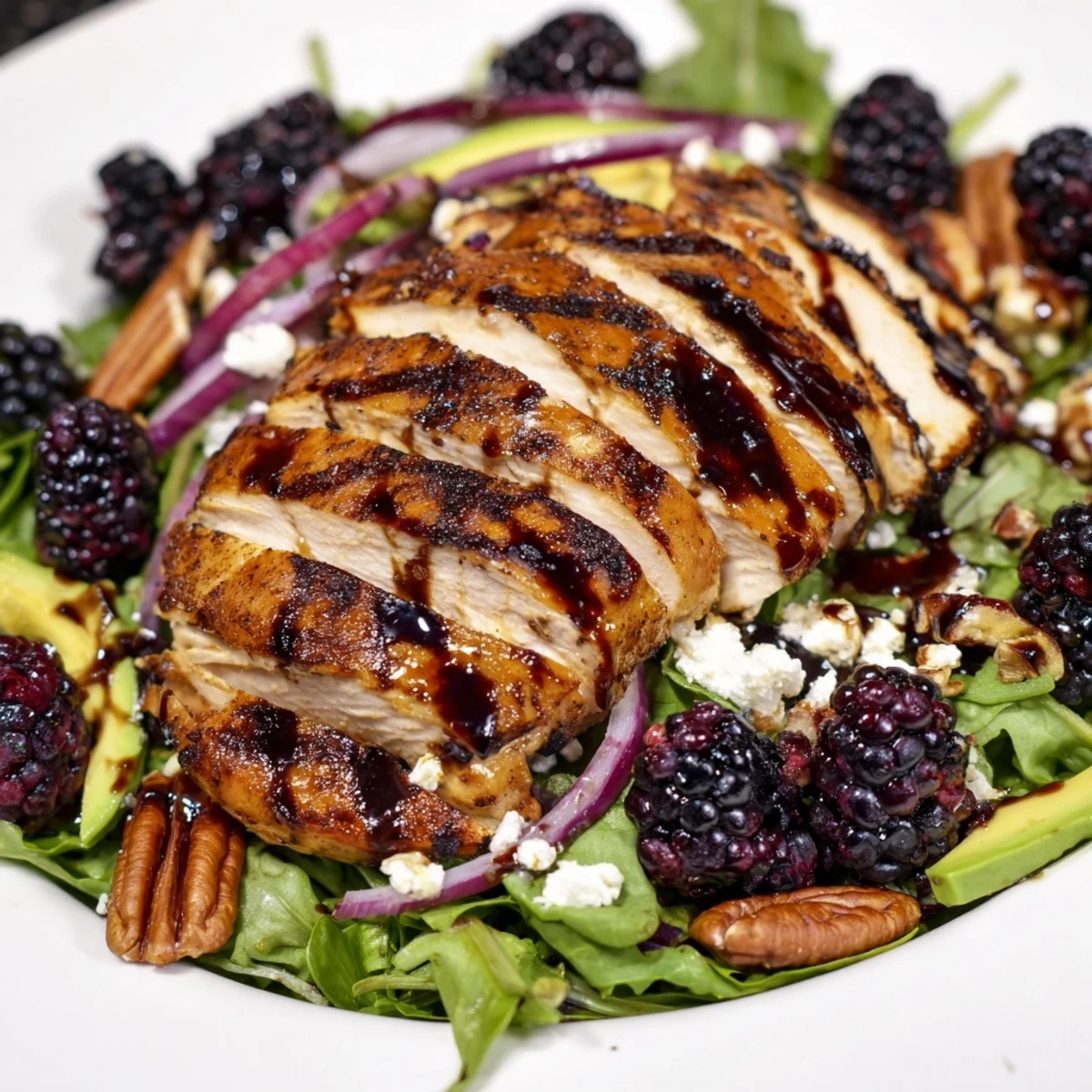 Bright Sweet Tangy Blackberry Chicken Salad Recipe drizzled with homemade blackberry vinaigrette