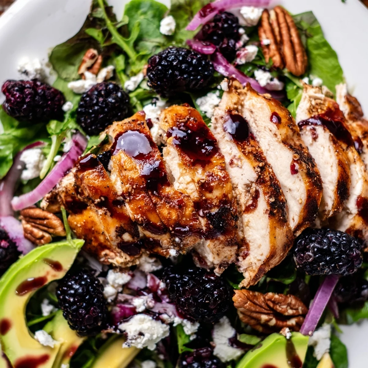 Fresh Sweet Tangy Blackberry Chicken Salad Recipe served on bed of peppery arugula