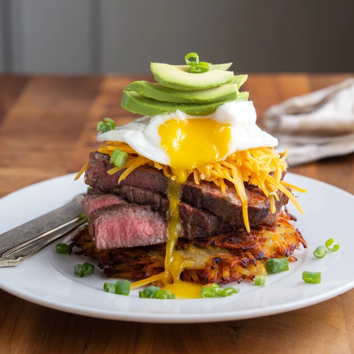 Crispy Loaded Steak Egg Hash Brown Stacks plated for brunch with sour cream