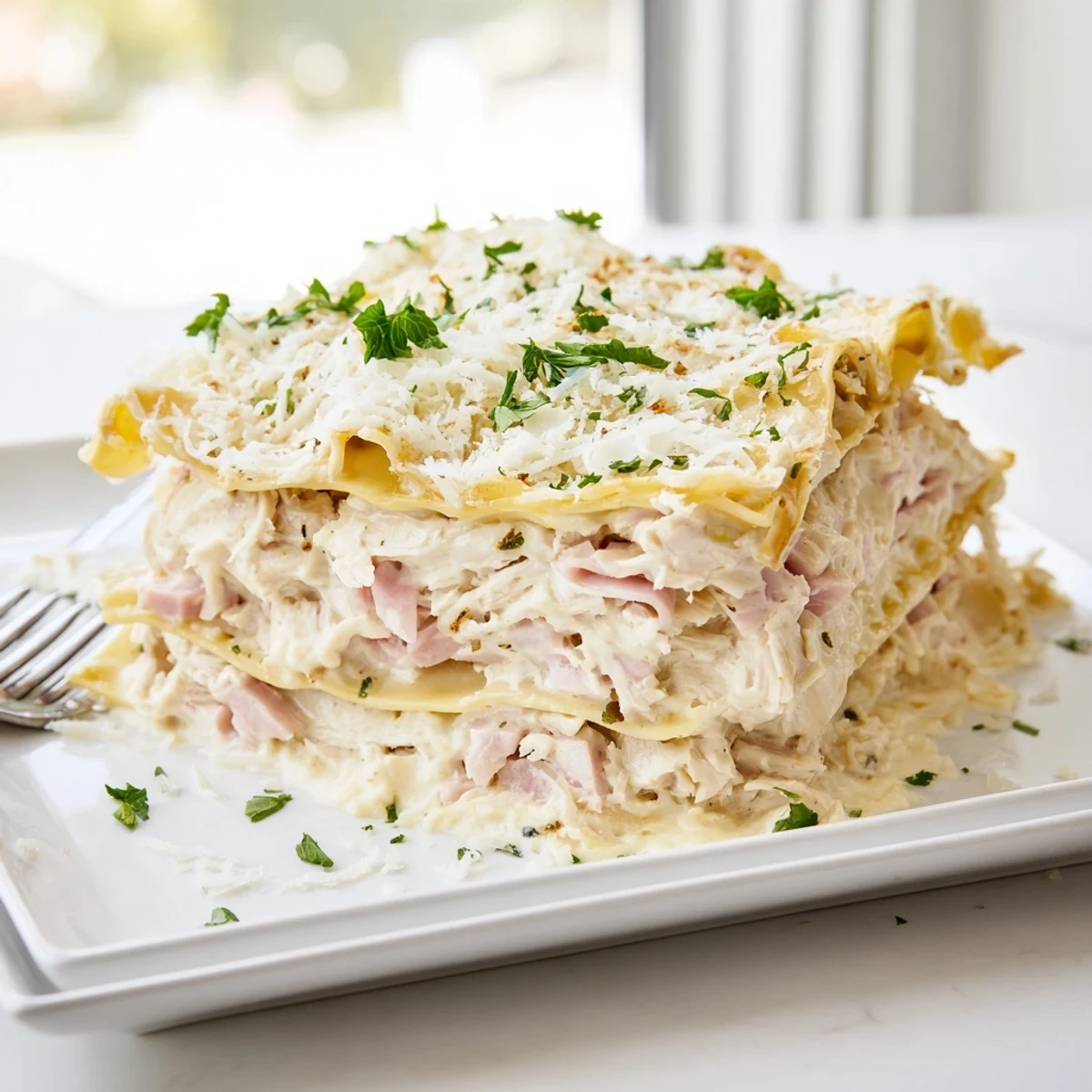 Layers of tender chicken ham and Swiss cheese in creamy white sauce lasagna