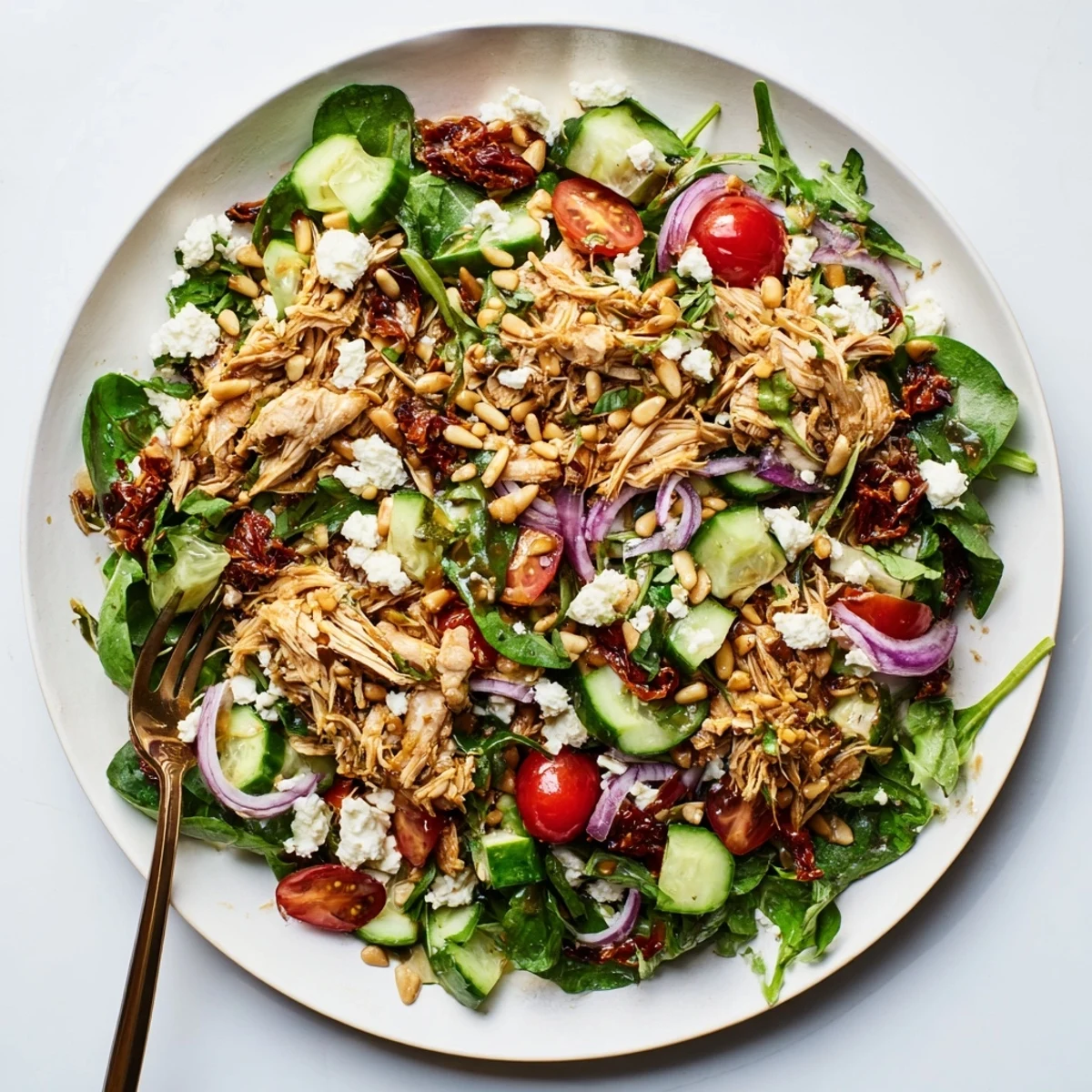 Golden sun-dried tomato chicken salad plated with fresh greens and crumbled feta cheese