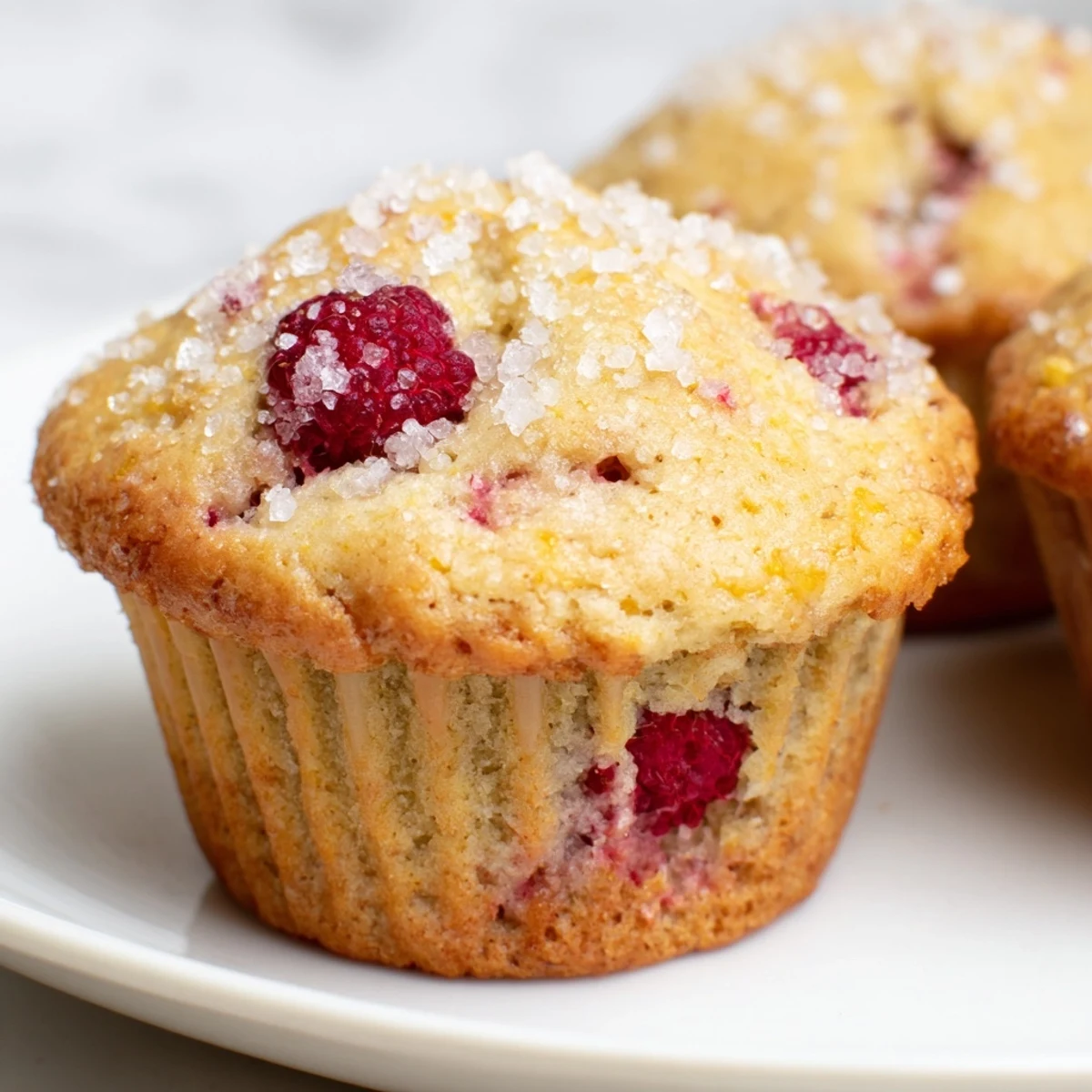 Golden raspberry lemon ricotta muffins topped with coarse sugar and fresh raspberry pieces