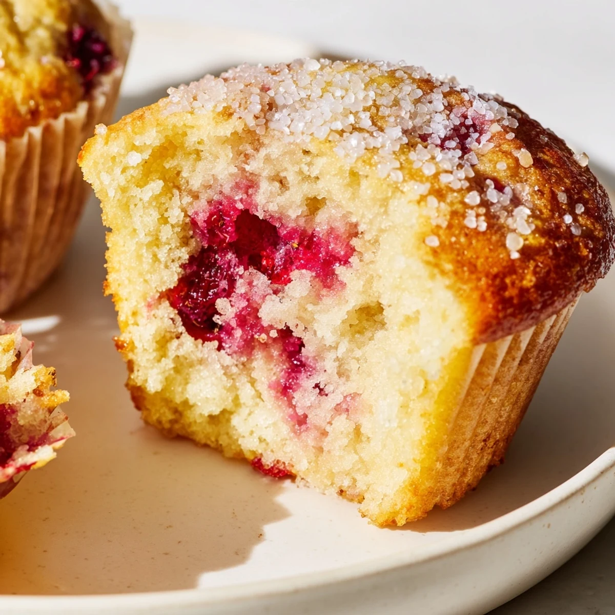 Moist breakfast muffins filled with creamy ricotta, bright lemon zest, and juicy red raspberries
