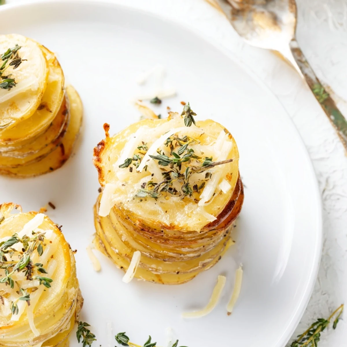 Golden cheese scalloped potato stacks arranged in a muffin tin with crispy edges