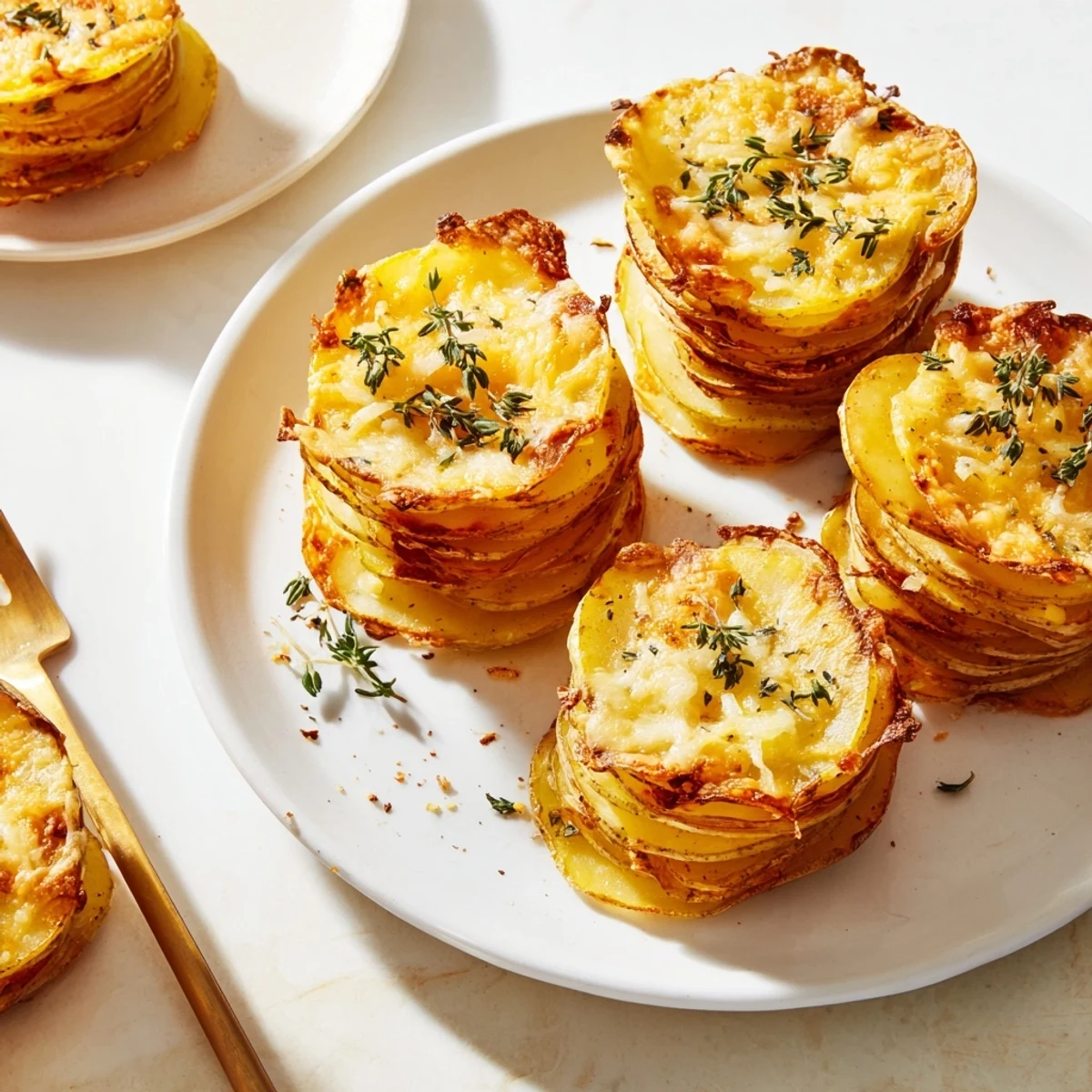 Baked cheese scalloped potato stacks topped with fresh thyme and golden bubbly cheese