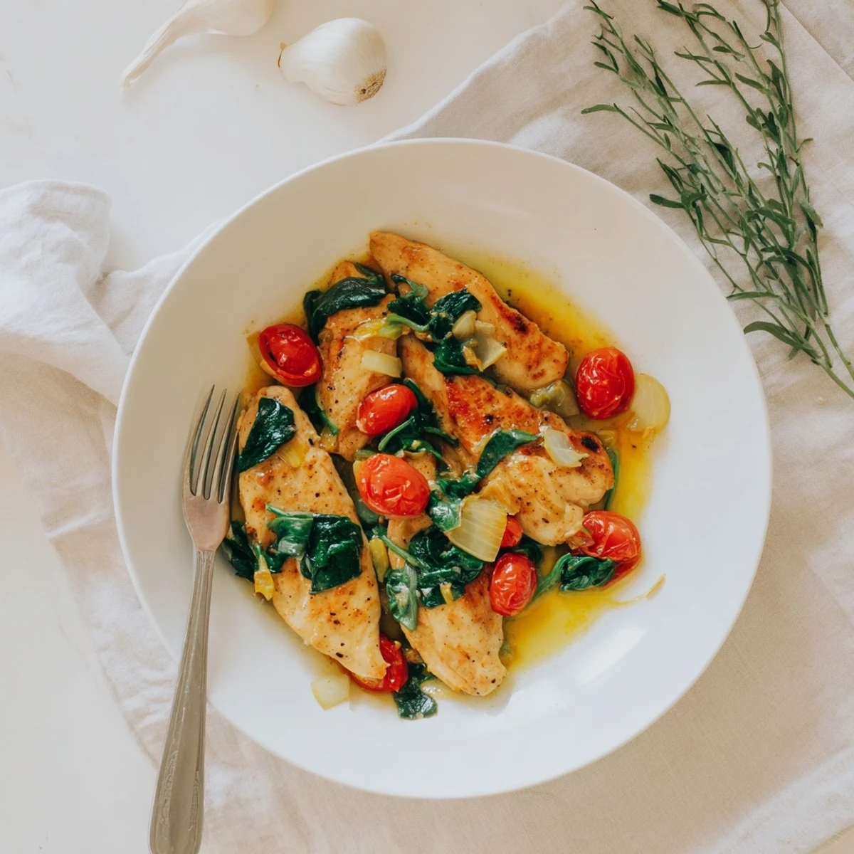 Golden brown chicken breasts simmered in white wine sauce with cherry tomatoes and fresh spinach