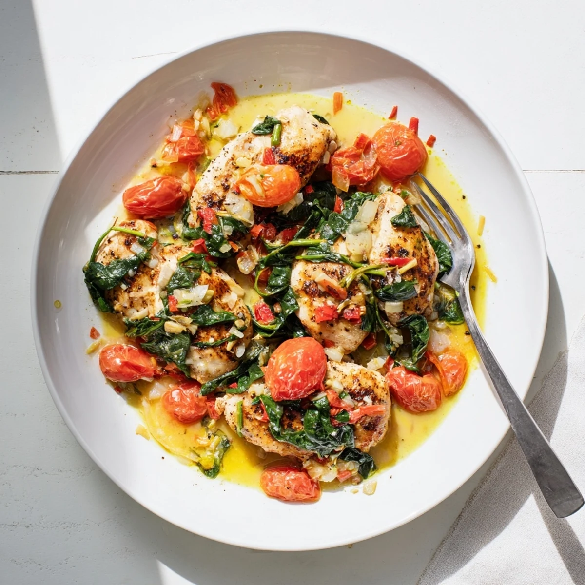 Juicy pan seared chicken breasts served in a savory white wine sauce with vibrant vegetables