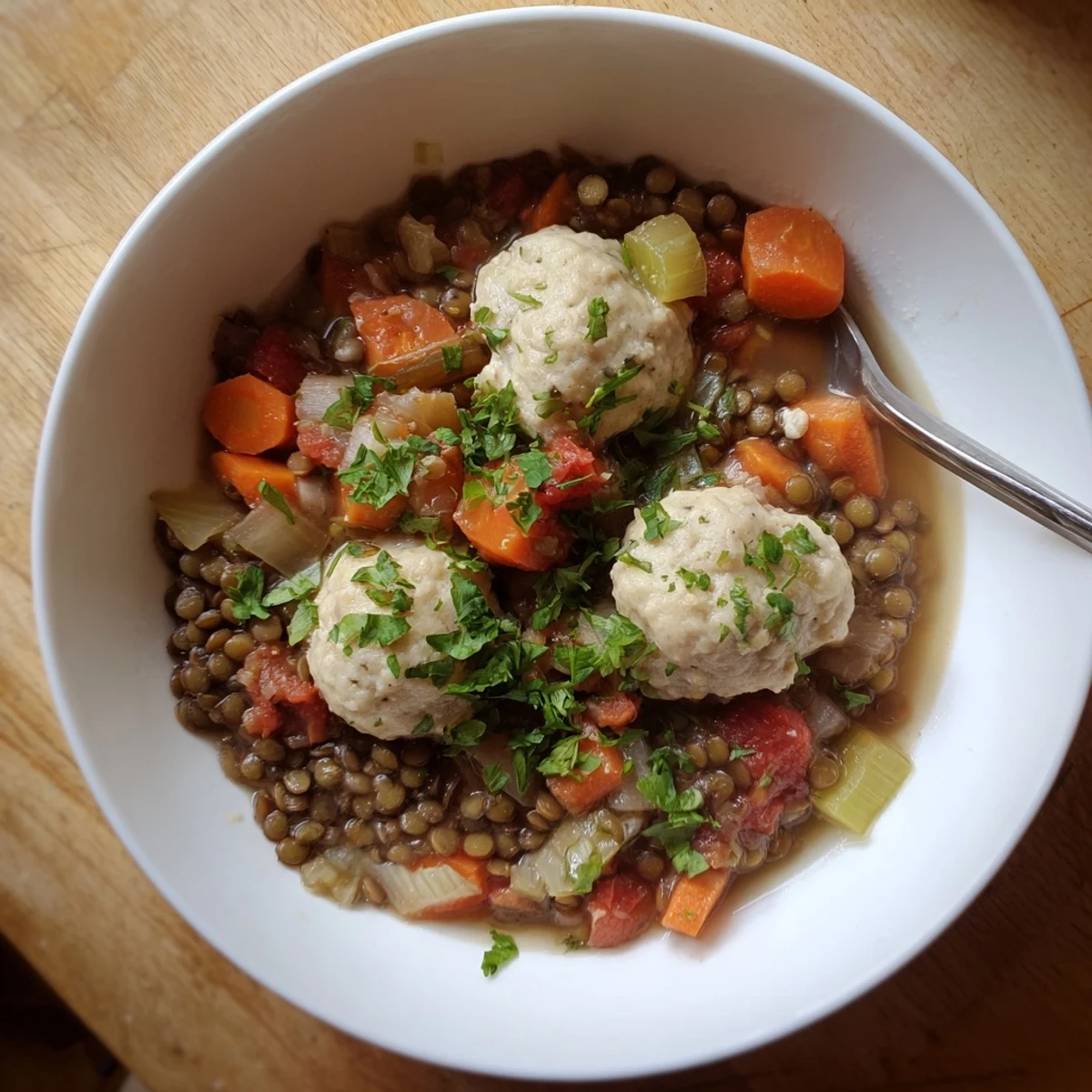 Golden brown lentils with dumplings simmered in a rich vegetable broth with carrots and celery
