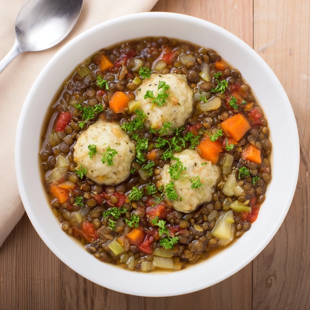 Fluffy homemade dumplings steaming atop a hearty bowl of lentils with tomatoes and fresh herbs