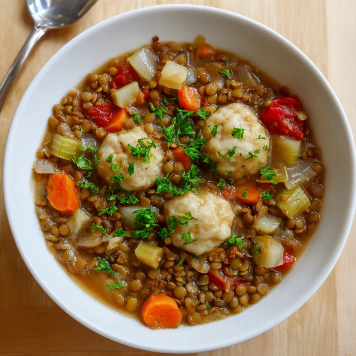 Comforting lentils with dumplings plated in a rustic bowl, garnished with green parsley