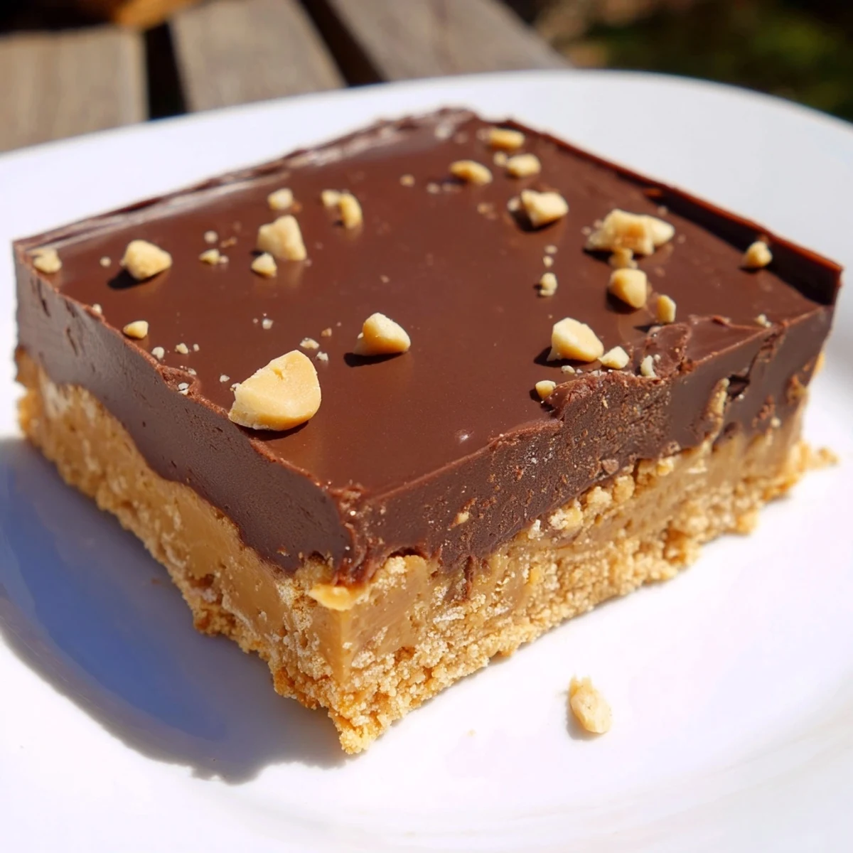 Golden chocolate-drizzled peanut butter bars arranged on a serving platter with powdered sugar dusting