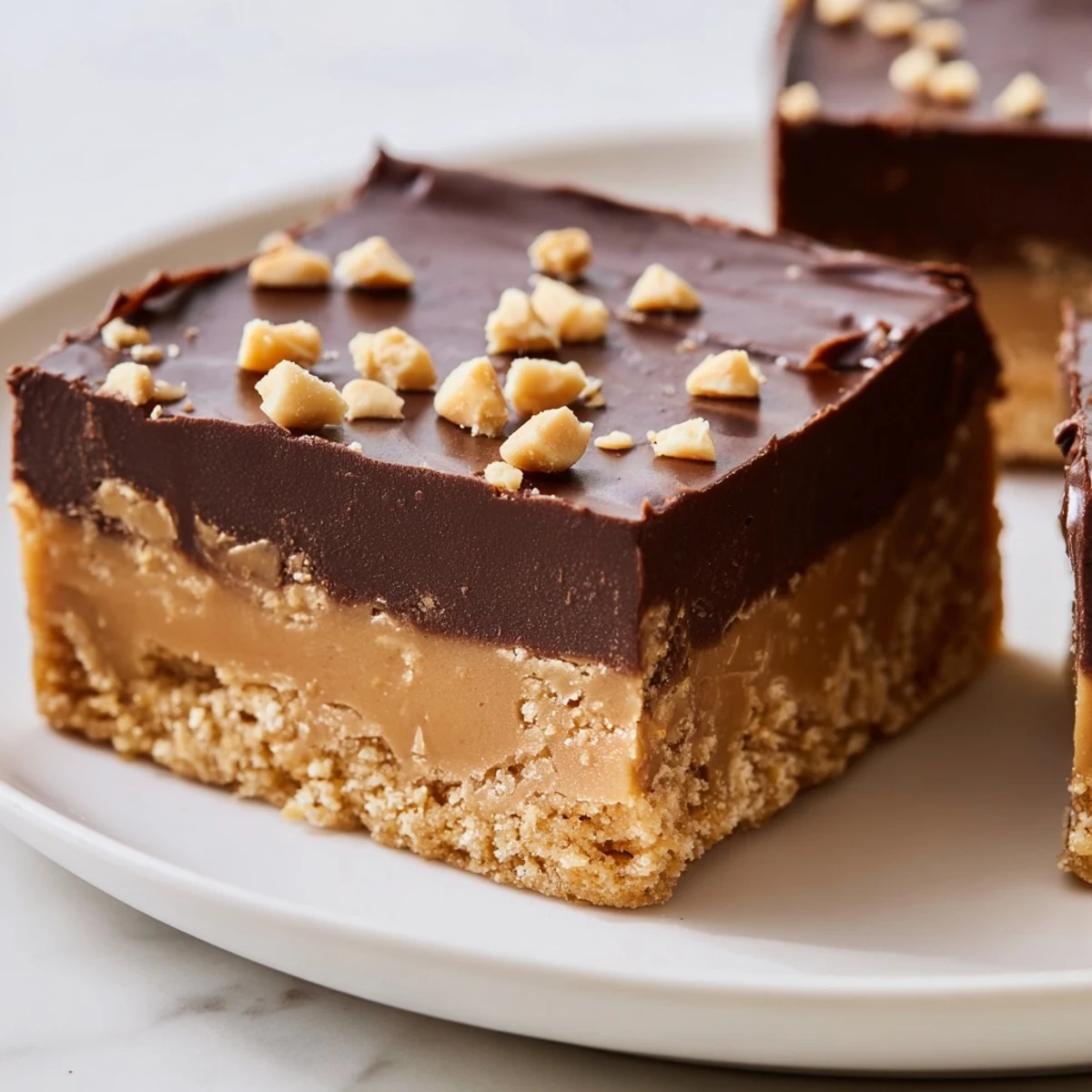 Homemade peanut butter bars with smooth chocolate ganache topping displayed on white dessert plate