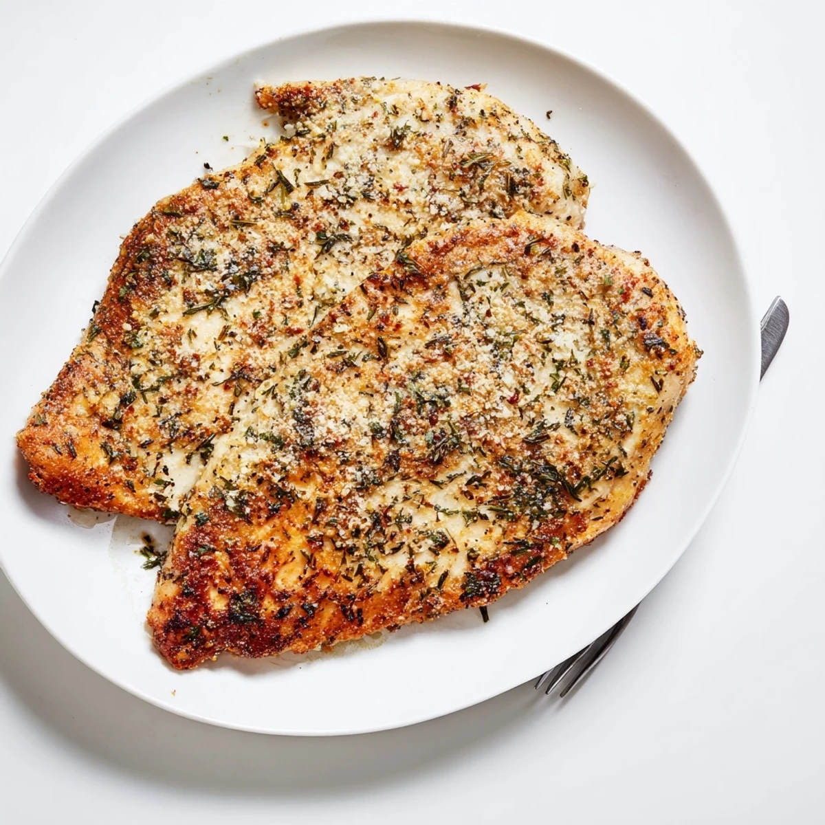 Grilled Longhorn Steakhouses Parmesan Crusted Chicken sizzling on skillet, herb-sprinkled, lemon wedge.
