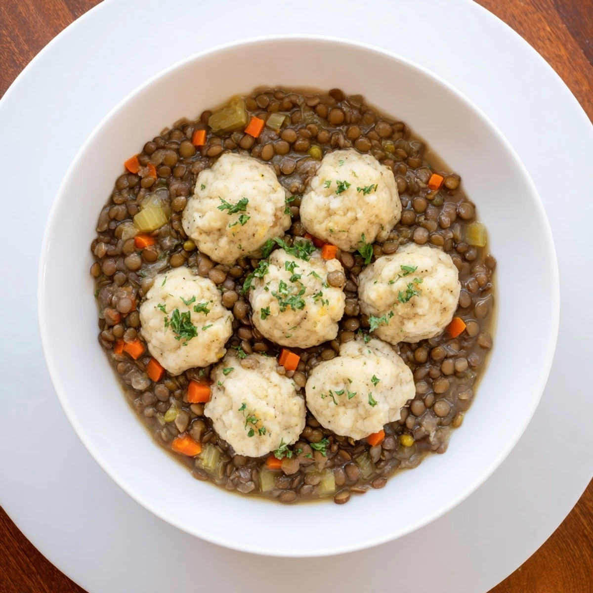 Steaming bowl of Lentils With Dumplings, fluffy dumplings atop savory broth