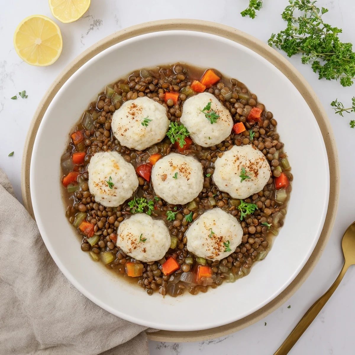 Spoonful lifting Lentils With Dumplings, tender lentils and herb-speckled dumplings