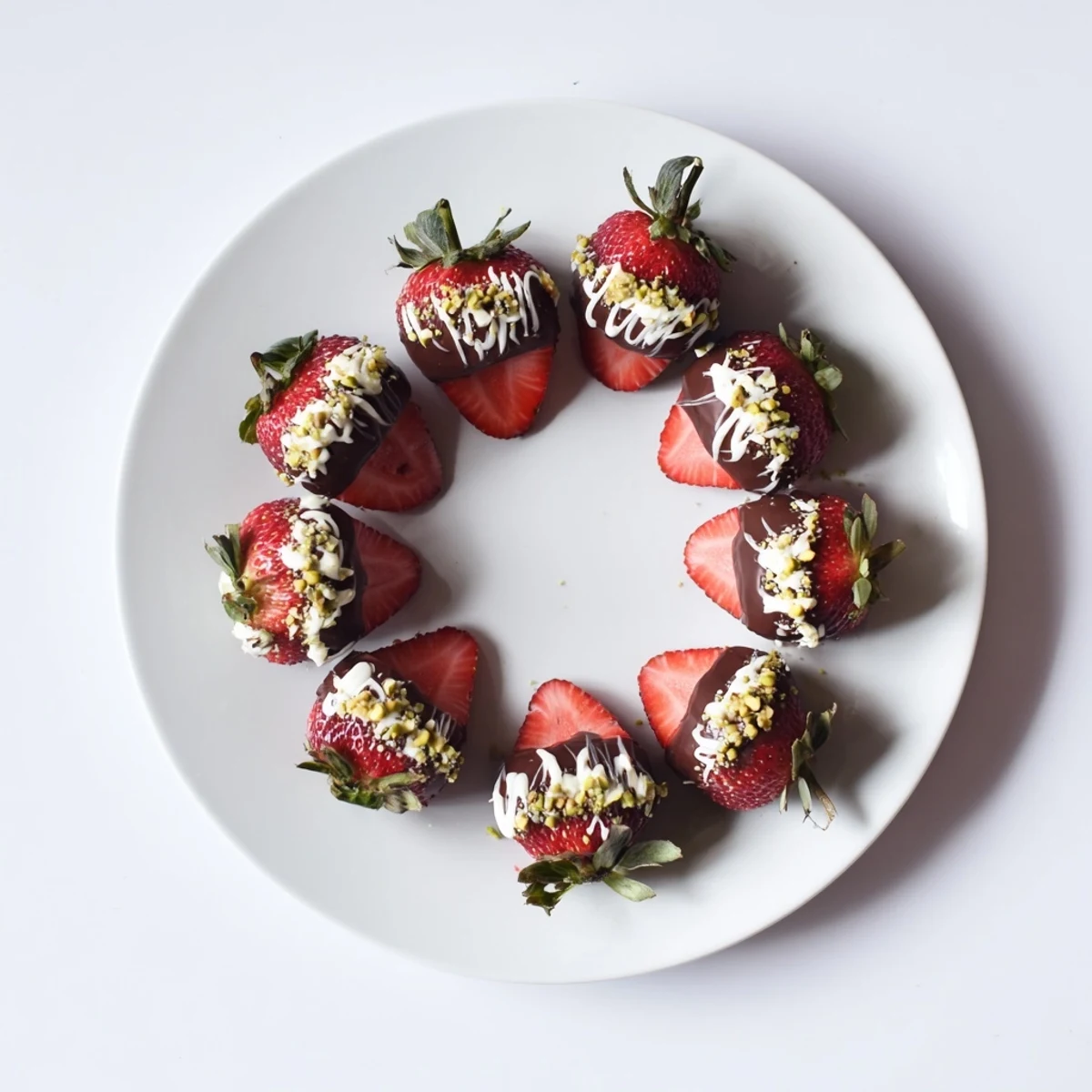 Strawberry Bombs: chocolate coated strawberries with creamy filling and pistachio garnish