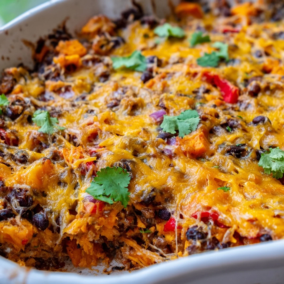 Golden bubbling cheese tops this hearty sweet potato turkey black bean bake casserole