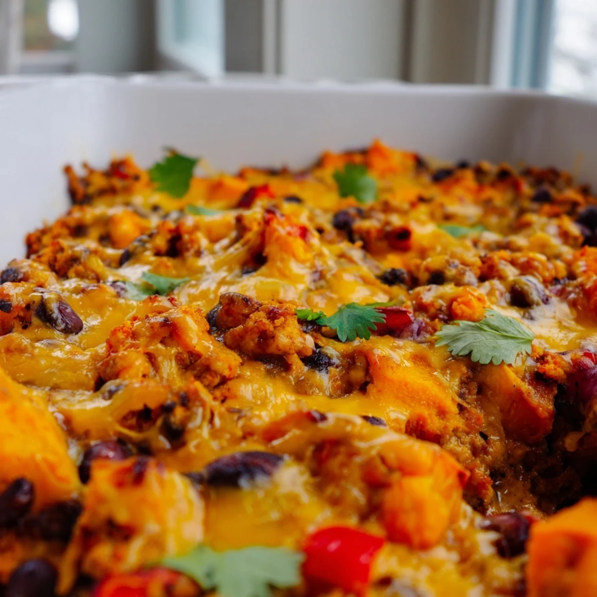 A scoop of sweet potato turkey black bean bake garnished with fresh cilantro