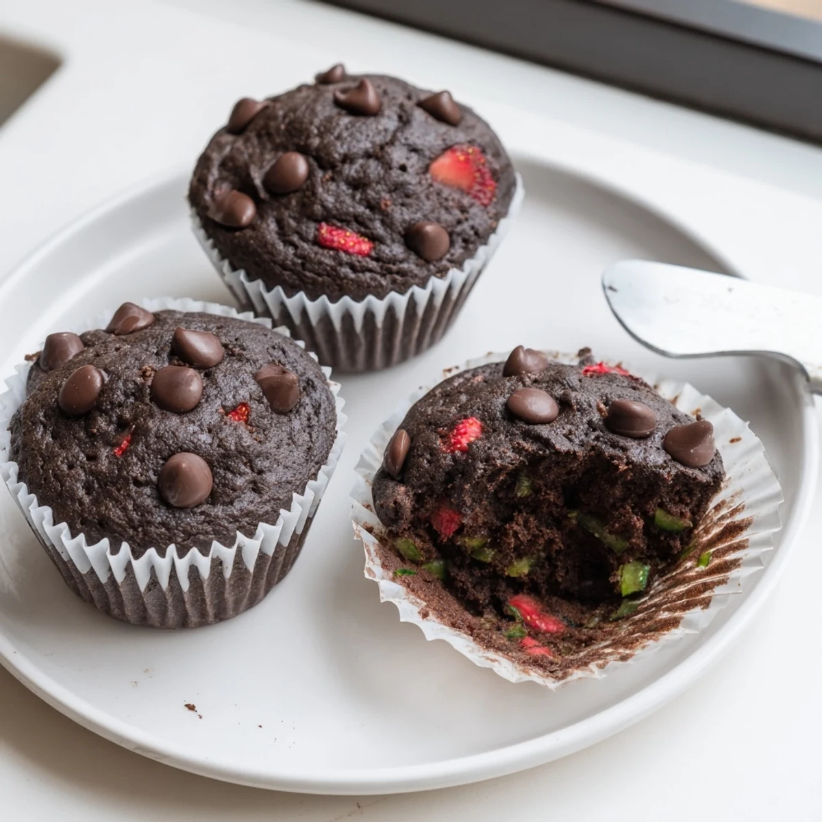 Golden-topped chocolate zucchini strawberry muffins fresh from the oven on a wire rack