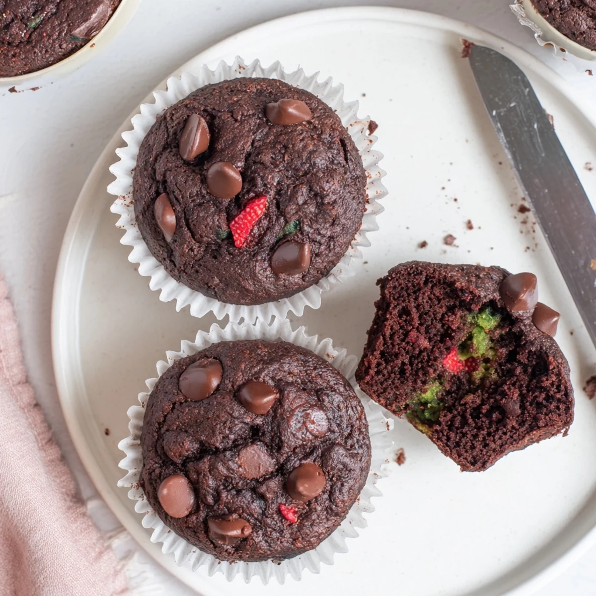 Chocolate zucchini strawberry muffins bursting with juicy berries and melty chocolate chips
