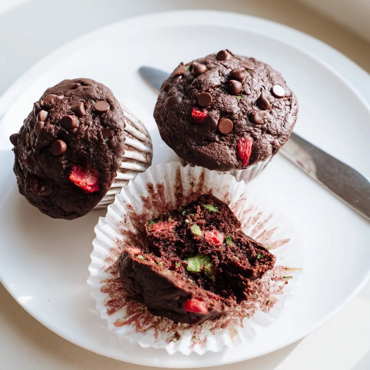 Moist chocolate zucchini strawberry muffins arranged on a rustic plate for breakfast
