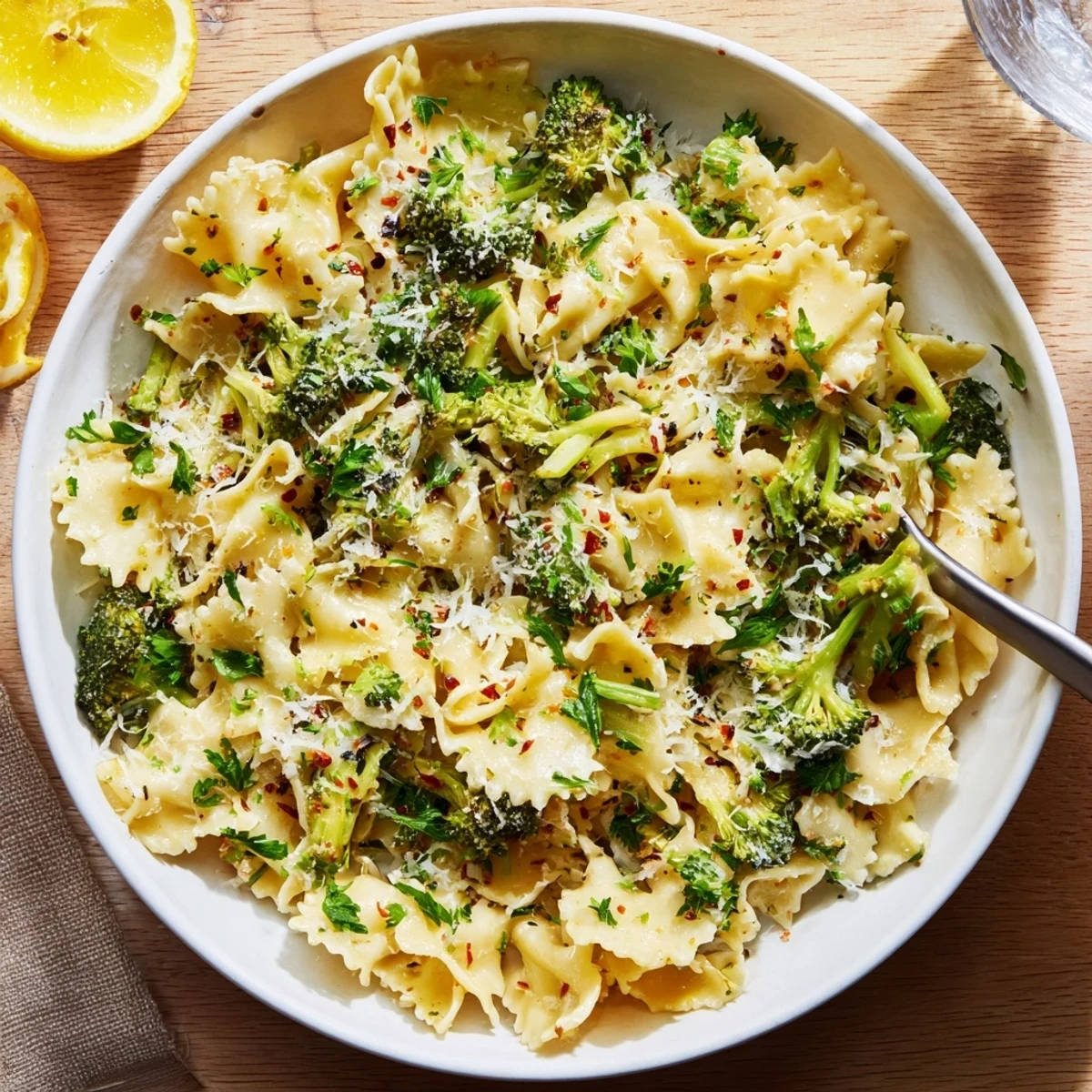 Creamy mafaldine limone broccoli pasta twirled in a bright lemon butter sauce