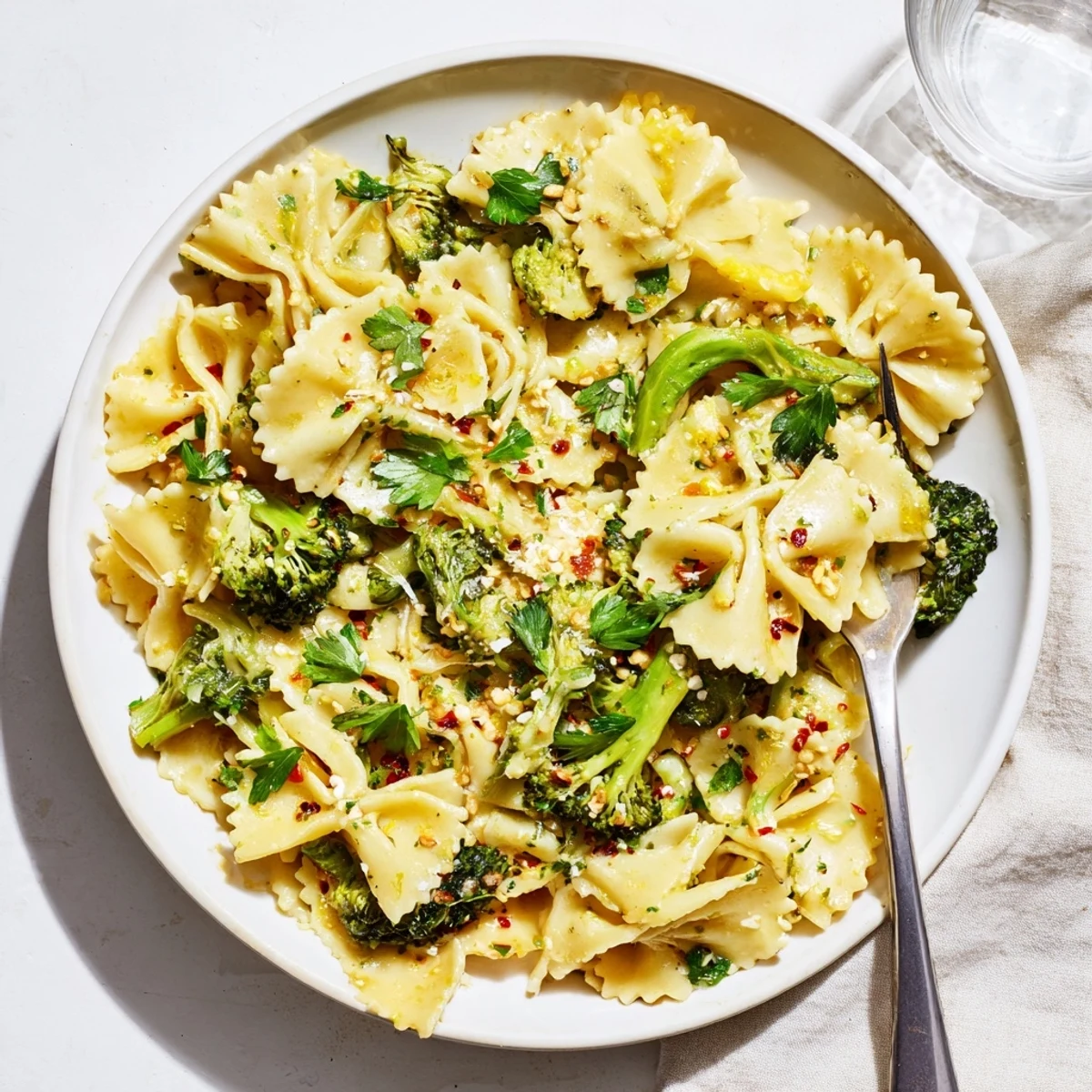 Steaming bowl of mafaldine limone broccoli pasta garnished with fresh parsley and zest